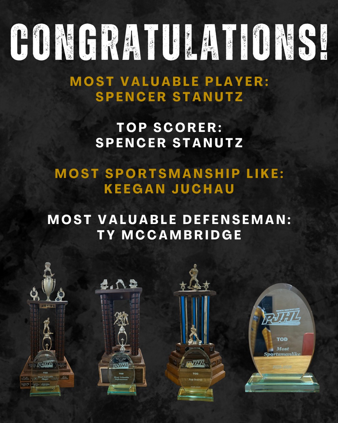 Congratulations to our award winners!

🏅 MVP & Top Scorer — Spencer Stanutz
🤝 Most Sportsmanlike — Keegan Juchau
🛡️ Most Valuable Defenceman — Ty McCambridge

Well earned. Well deserved.