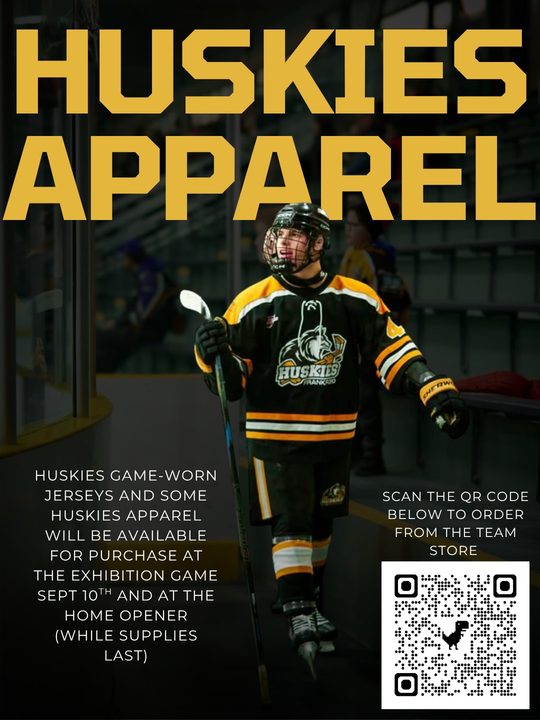 Looking to get some Huskies swag? 

Visit the team store by scanning the QR code or using the link in our bio!

We will also be selling game-worn jerseys, as well as some team apparel, at the exhibition game on September 10th and at our home opener, while supplies last!
