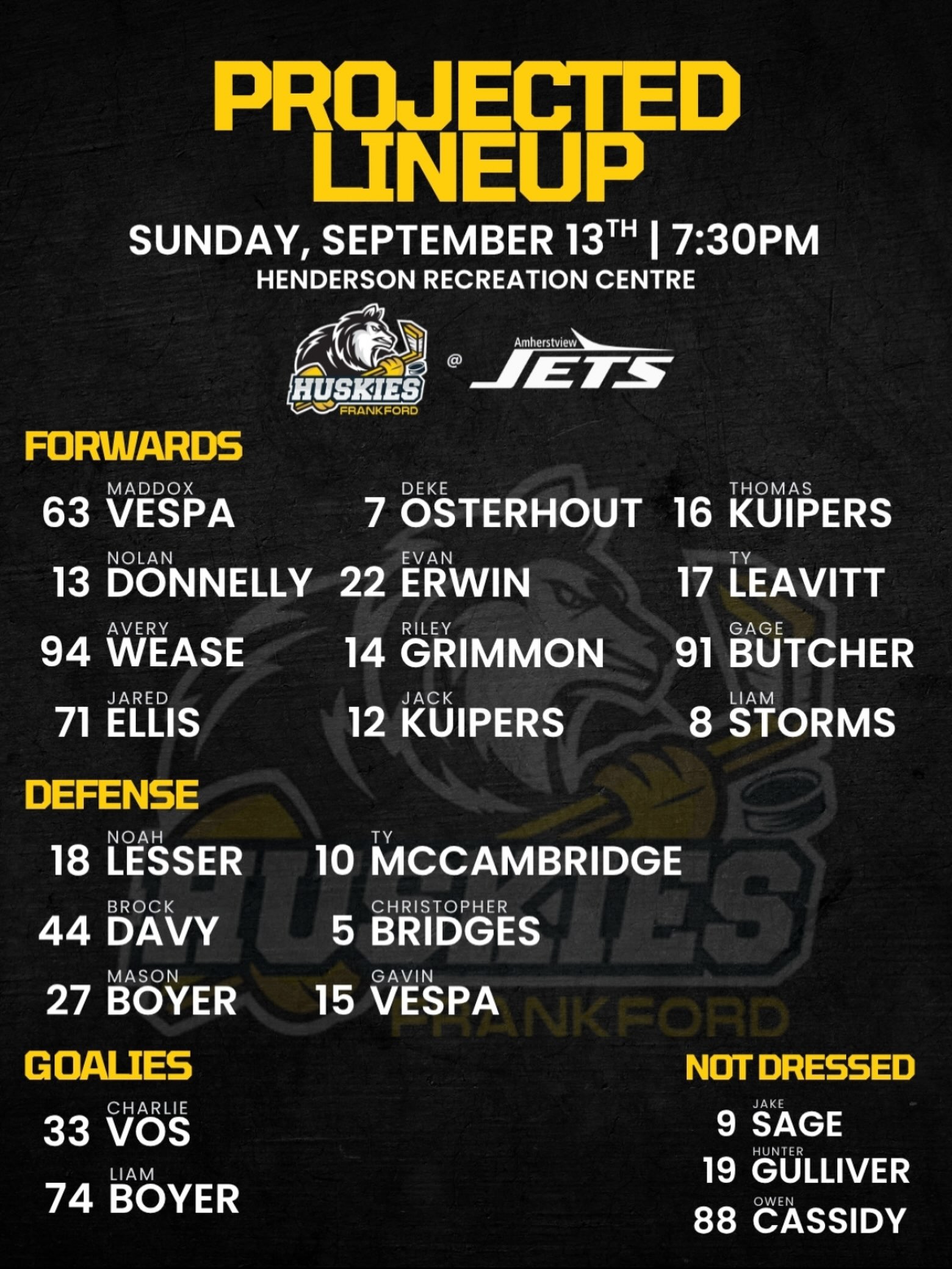 Tonight’s lineup as the Huskies travel to Amherstview to take on the Jets!