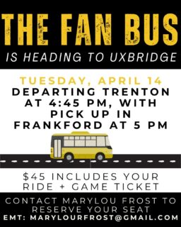 Game 6 on the road 🚌

Departing Trenton 4:45 PM 
Picking up in Frankford 5 PM

$45 includes your ride & game ticket 

Contact Marylou to reserve your seat 
EMT: marylouRfrost@gmail.com